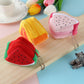 Triangular plush fruit key bags: red and yellow slices with zippers and silver chain keyrings