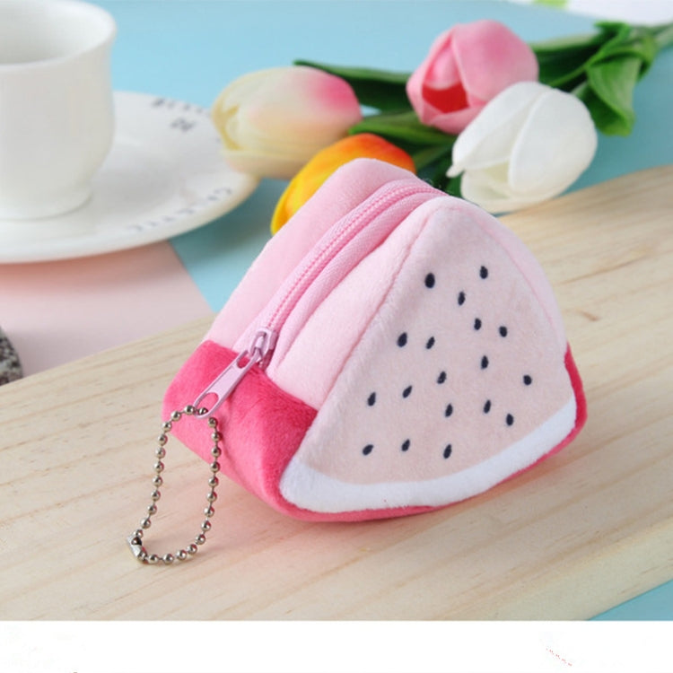 Pink triangular plush fruit change bag with zipper and silver chain, black seed dots