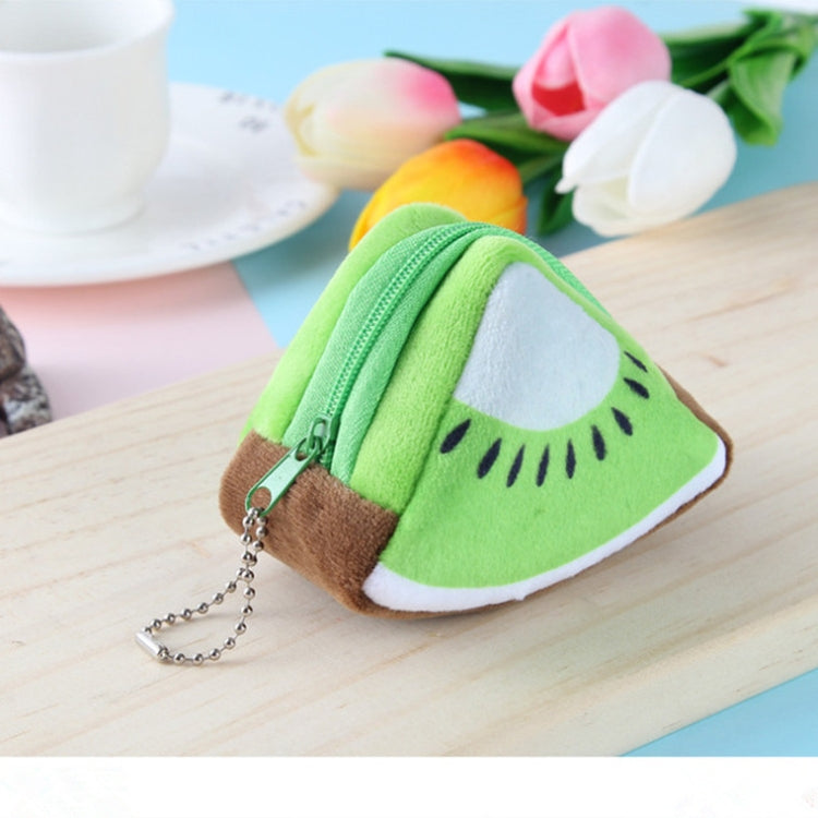 Green triangular plush fruit key bag with zipper, white fruit panel, and silver chain keyring