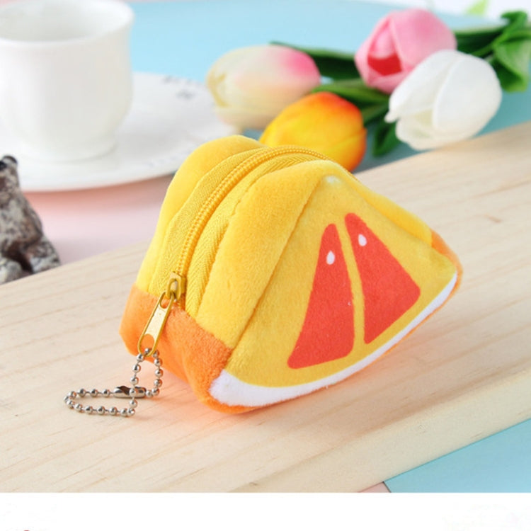 Yellow triangular plush fruit key bag with zipper, red fruit wedge design, and silver chain