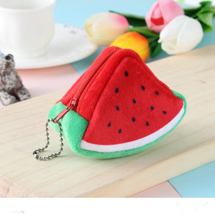 Red triangular plush fruit key bag with zipper, green rind trim, and silver chain keyring