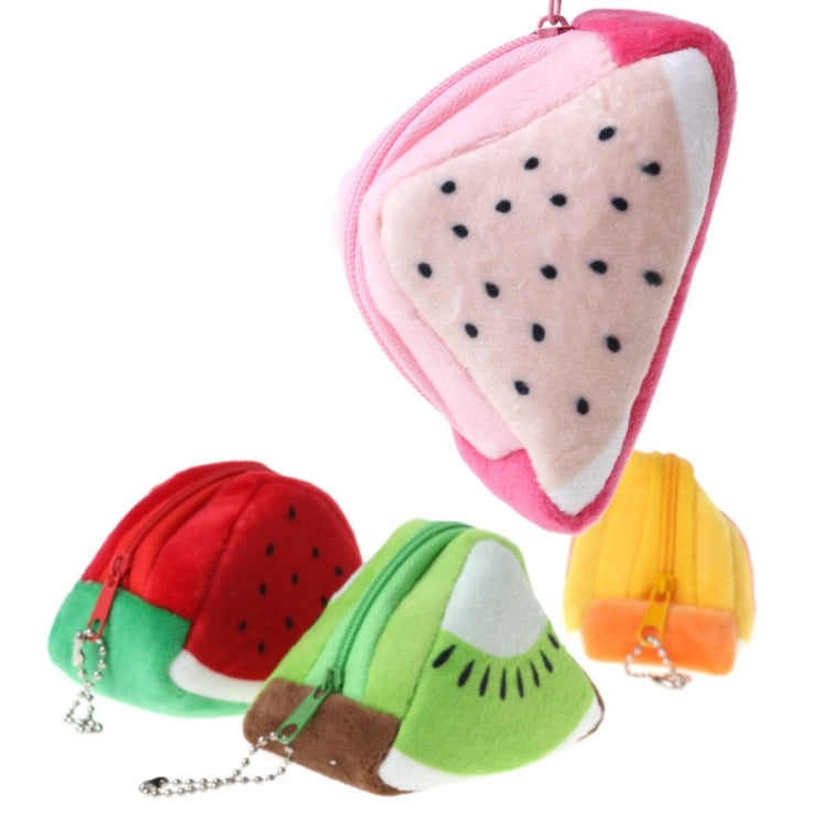 Triangular plush fruit key bags assortment: pink, red, green, and yellow slices
