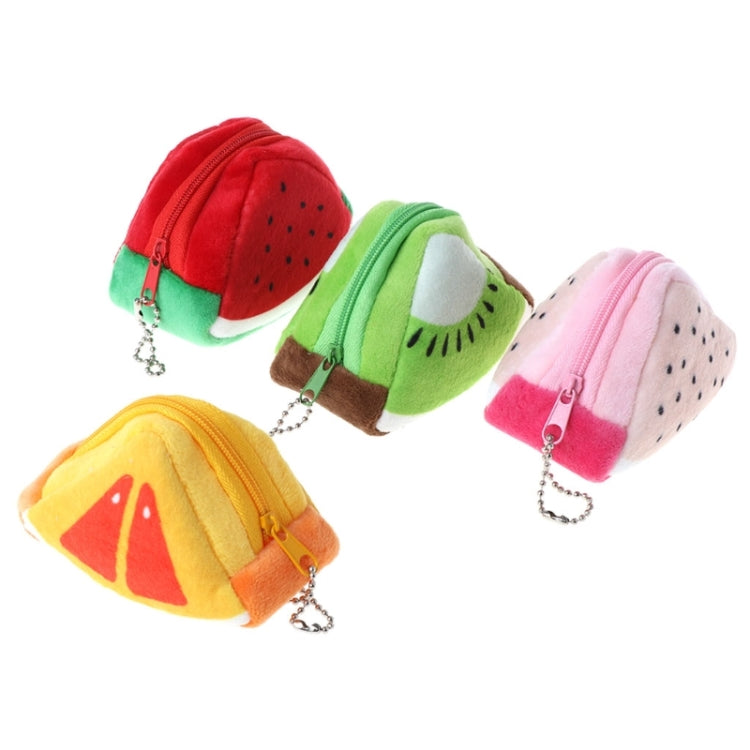 Assorted triangular plush fruit change and key bags in red, green, yellow, and pink