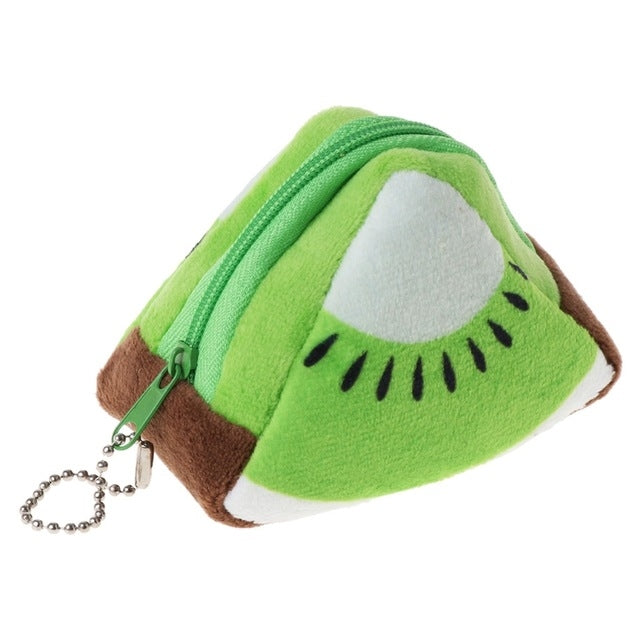 Green plush triangle fruit key bag with zipper and chain, felt watermelon design