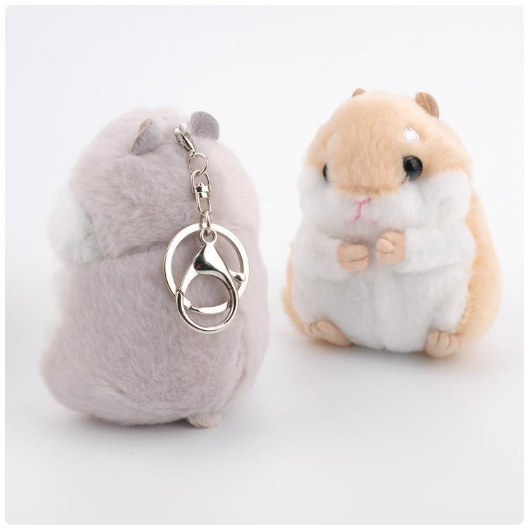 Plush hamster keychain bag pendants with metal key rings: gray and light brown