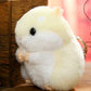 Cream plush hamster keychain bag pendant close-up with metal clasp ring