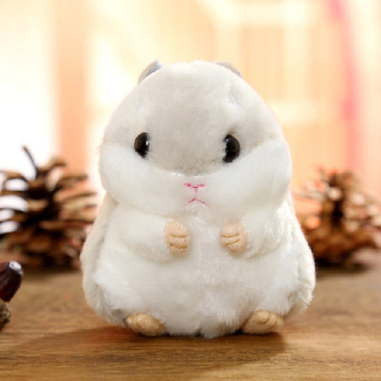 Light gray plush hamster keychain bag pendant with stitched eyes, nose, and paws