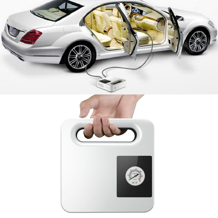 White portable car tire air pump with handle and analog pressure gauge