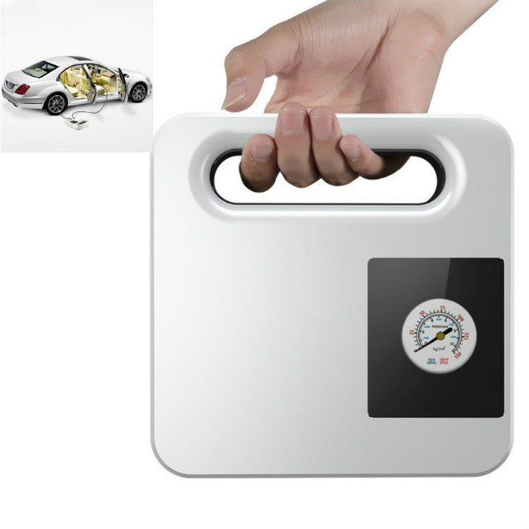 White portable tire air pump with black dial pressure gauge and top carrying handle