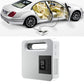 White portable car tire air pump with digital screen, handle, and control buttons