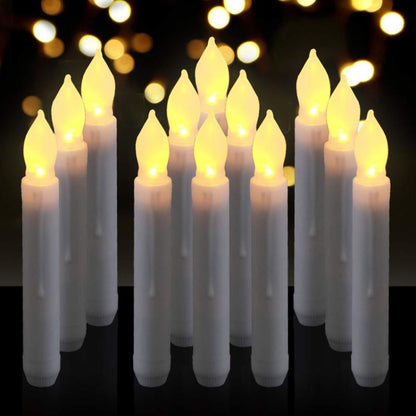 Set of long rod LED flameless candles, warm white glowing tips with flashing light