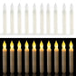12 long rod LED flameless candles with warm white glowing flames and white unlit bodies