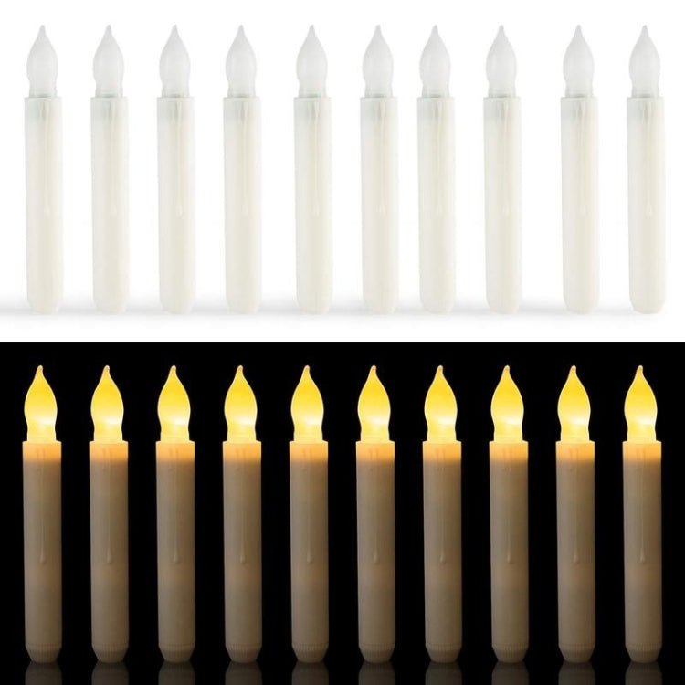 12 long rod LED flameless candles with warm white glowing flames and white unlit bodies