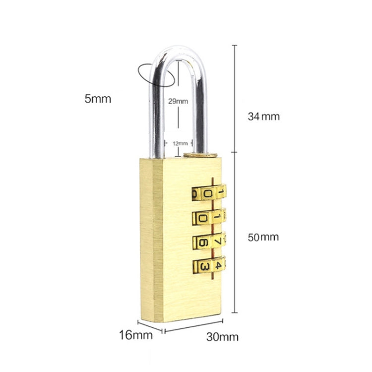 Brass four-digit code padlock with dimensions callout and arched shackle, combo dials