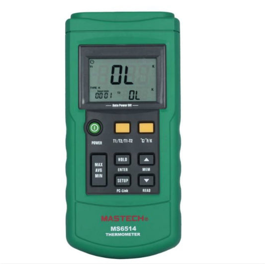 Green handheld dual digital thermometer with two display windows and control buttons