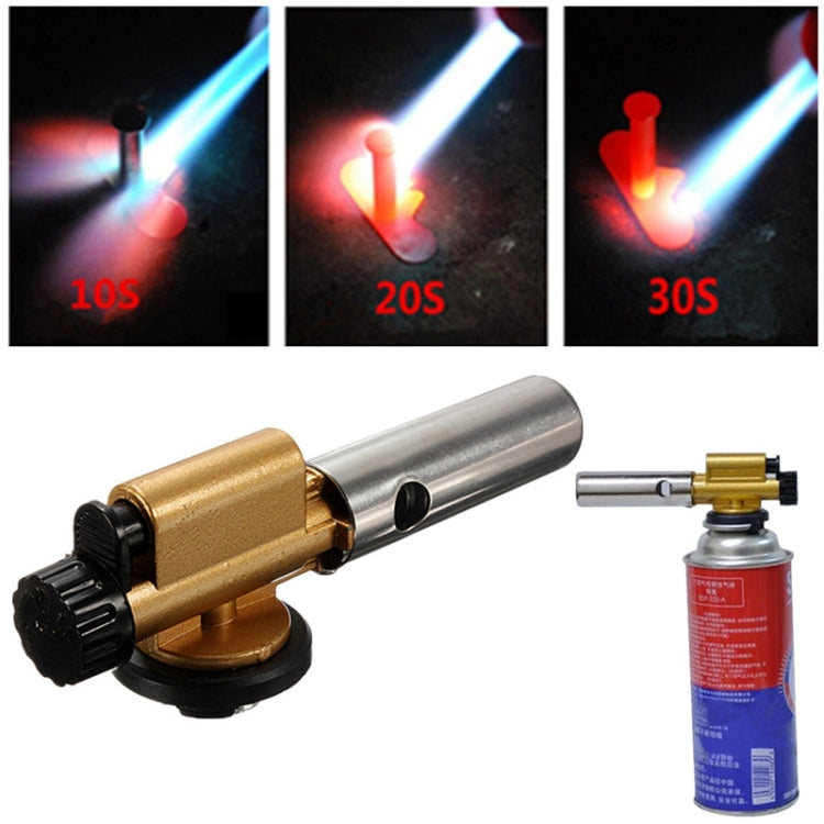 Handheld cassette torch with silver barrel, brass nozzle, black grip