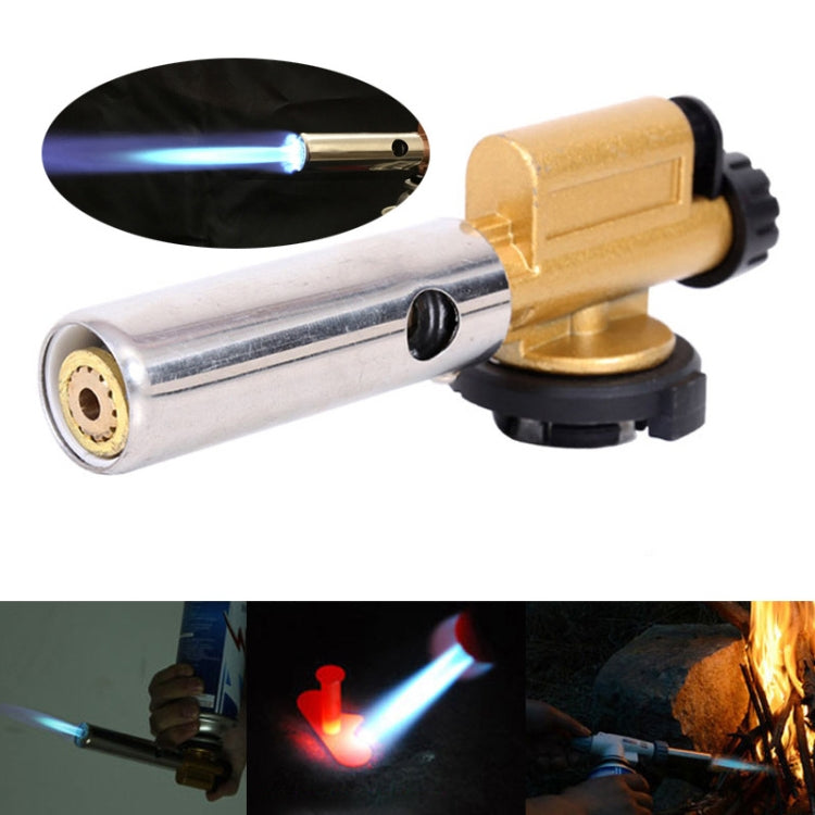 Handheld torch with silver barrel and brass head, shown with blue flame output