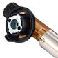 Torch head close-up with black dial housing, gold brass insert, silver barrel
