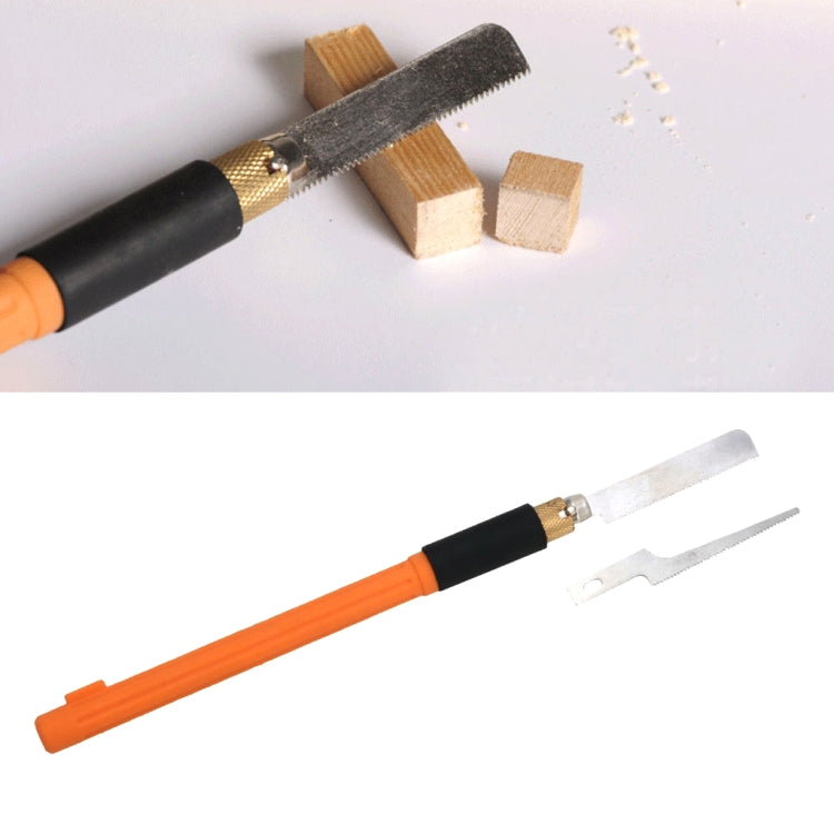 DIY razor saw kit with black-orange handle, metal saw blade, wood blocks