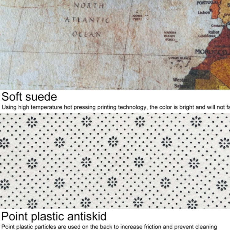 World map rug with light beige map print and dotted non-slip underside