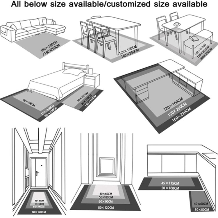 Area rug size layout diagram with multiple dimensions shown