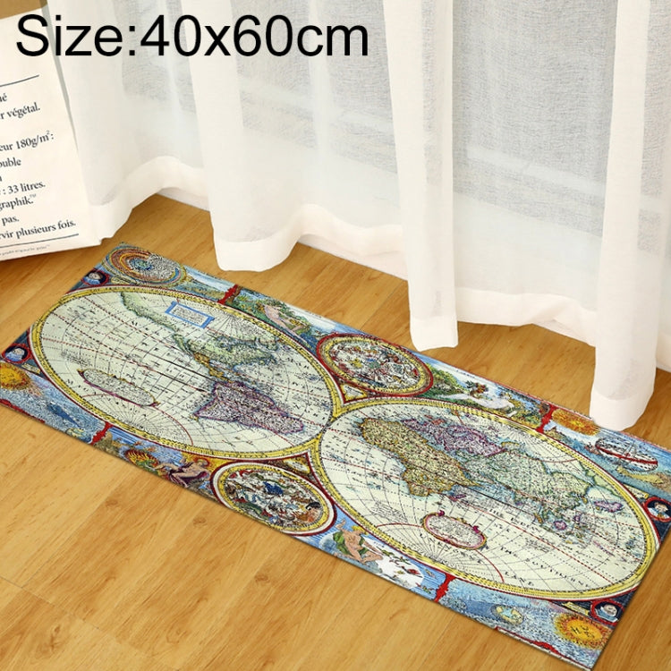 World map rug with blue and teal vintage design and ornate multicolor border