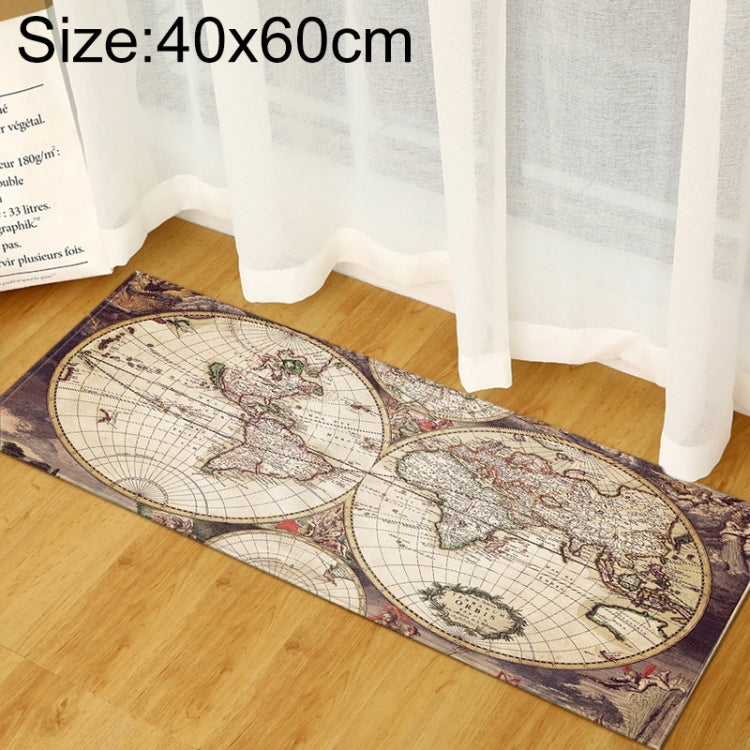 World map rug with purple and beige vintage map print and ornate border accents