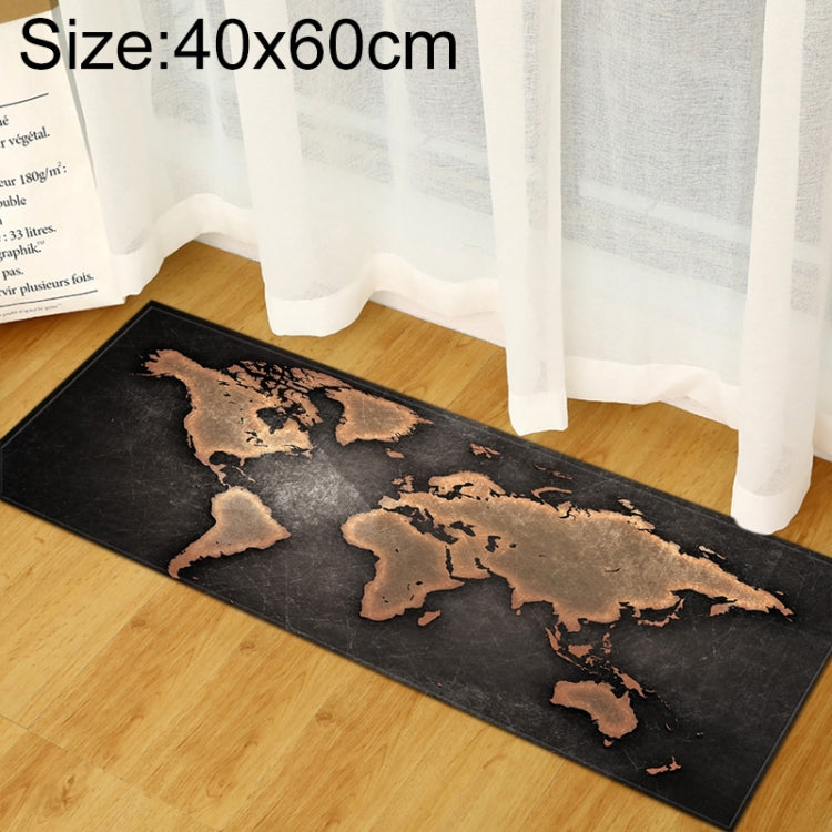 World map rug with black background and brown continent silhouette graphic