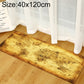 World map rug with golden-brown vintage map print and dark outline accents