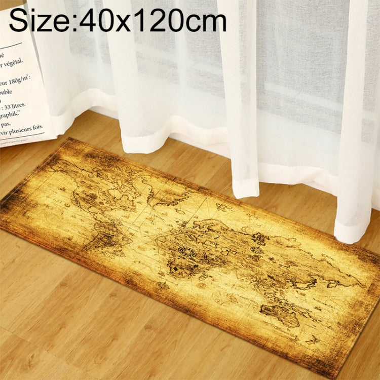 World map rug with golden-brown vintage map print and dark outline accents