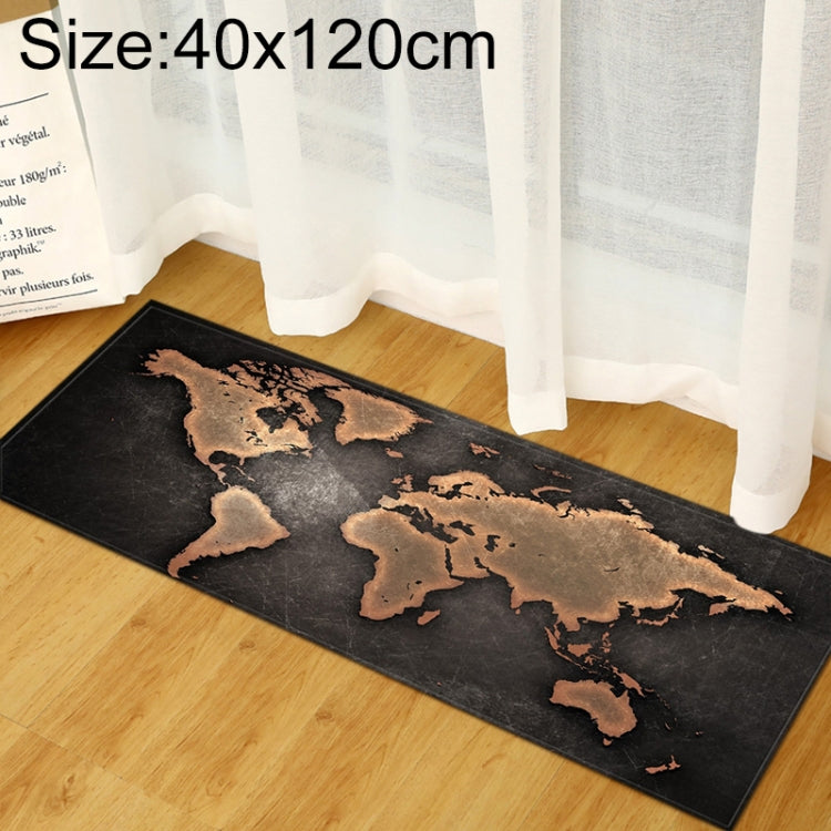 Dark brown world map print rug with bronze continents, rectangular 40x120cm