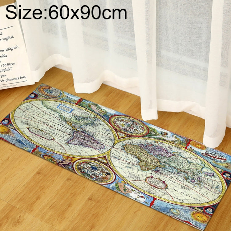 Blue world map rug with ornate oval medallions, rectangular 60x90cm