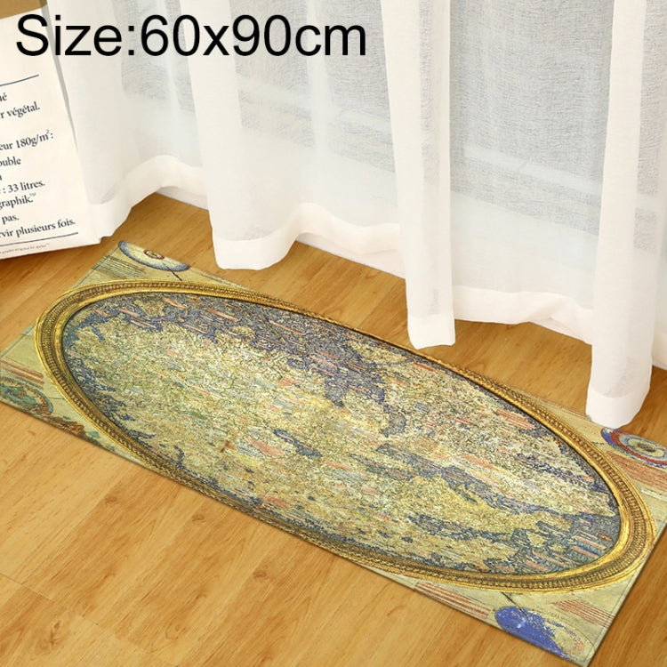 Blue-green vintage map print rug with gold border, rectangular 60x120cm