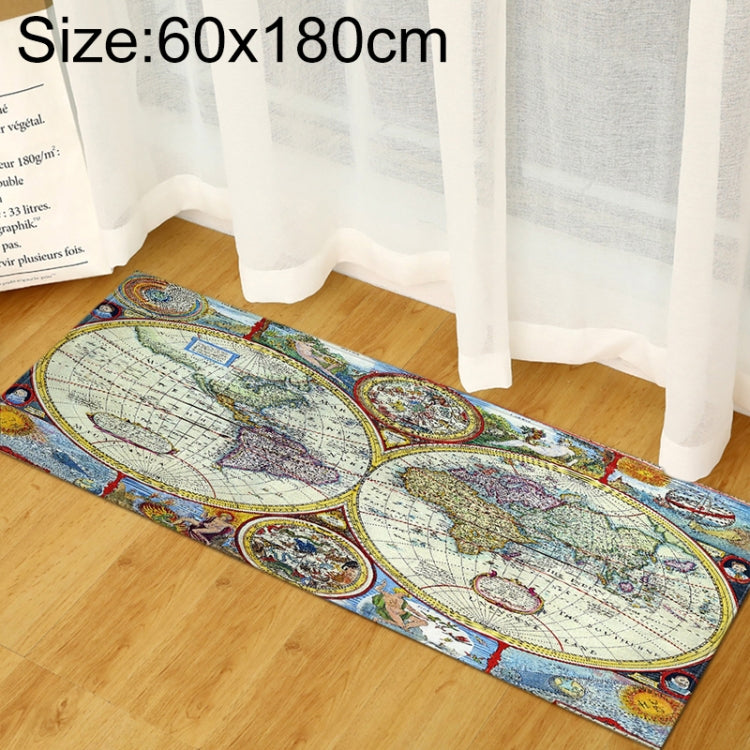 World map area rug 60x180cm, blue ornate frame cartography print