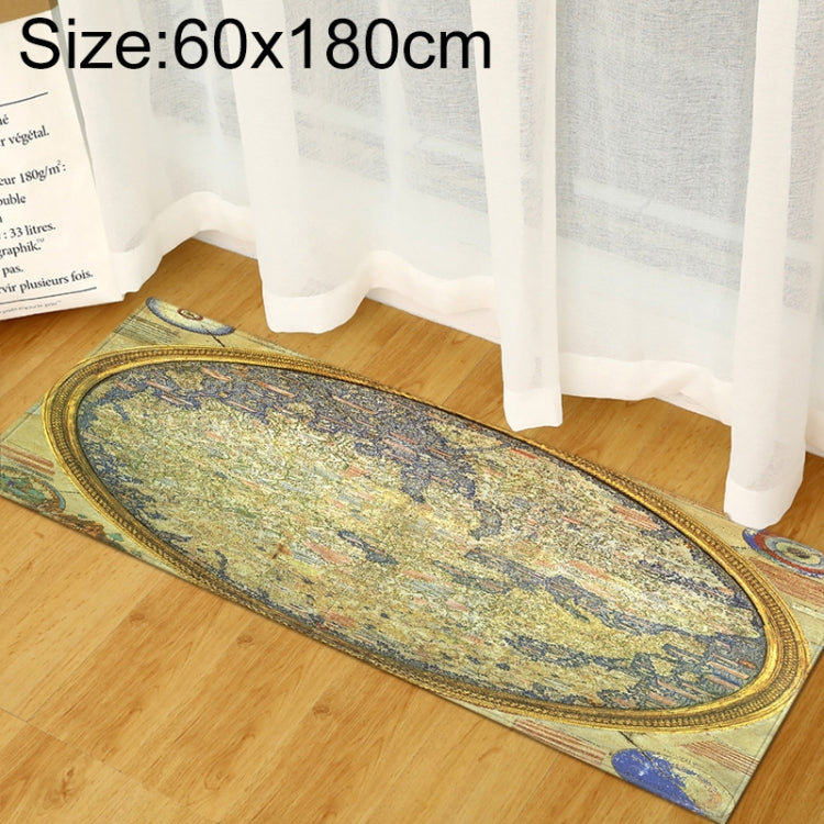 World map area rug 60x180cm, greenish map with gold trim and blue edge