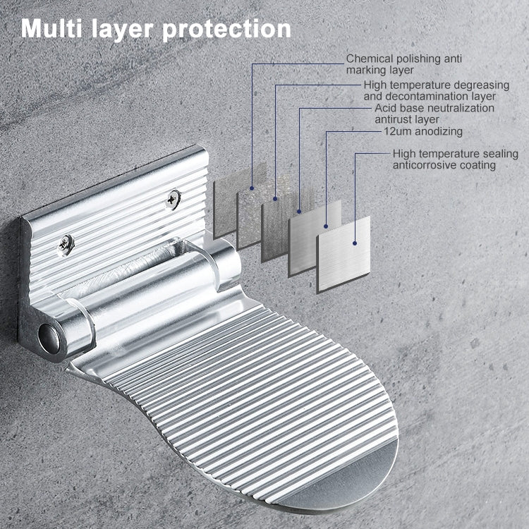 Silver wall-mounted shower foot rest with ribbed non-slip platform and bracket