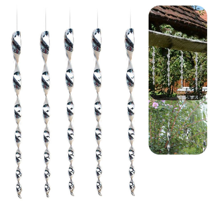 Set of reflective rotating bird-deterrent rods with chrome spiral blades and bird graphics
