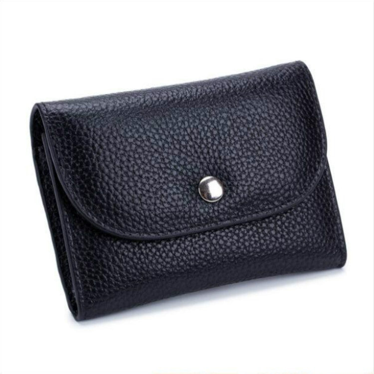 Black pebbled leather zip coin card wallet with front flap and metal snap button