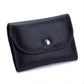 Black pebbled leather zip coin card wallet with front flap and metal snap button