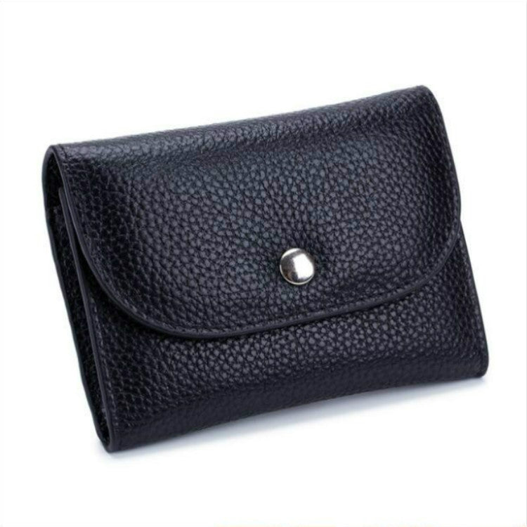 Black pebbled leather zip coin card wallet with front flap and metal snap button