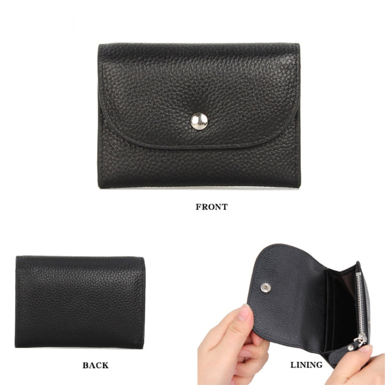 Black pebbled leather card wallet with snap-front flap, front and back views