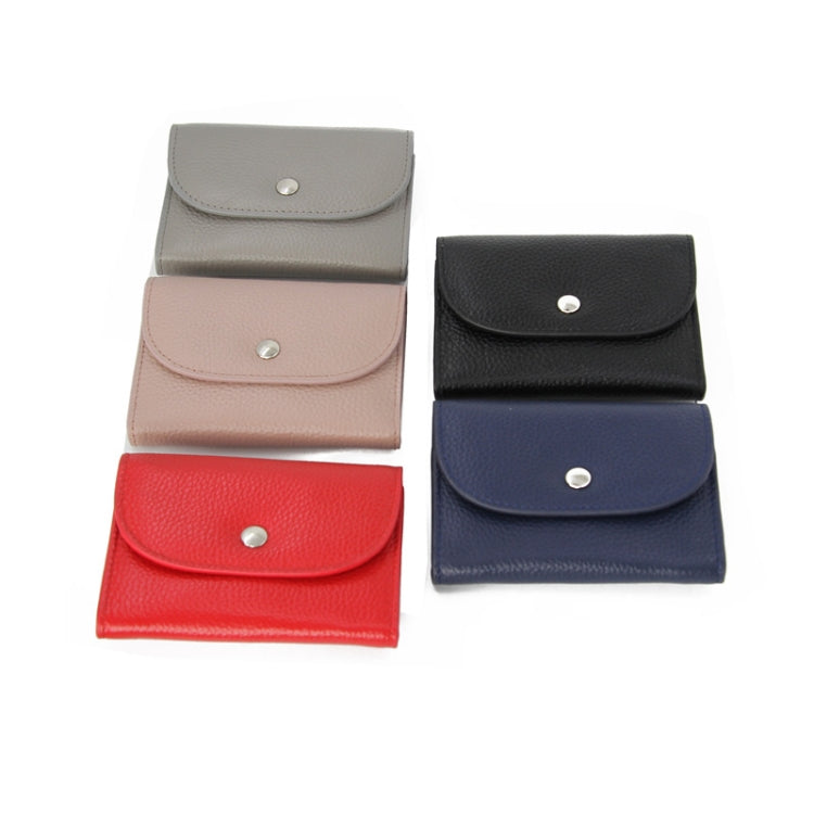 Set of snap-flap leather card wallets in gray, pink, red, black, and blue