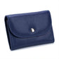 Blue pebbled leather zip coin card wallet with front flap and metal snap button