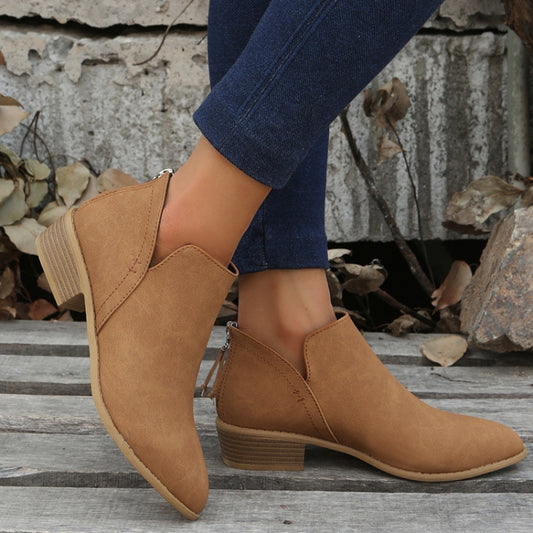 Women's pointed-toe low-heeled ankle boots, tan/brown suede-look slip-on with short heel