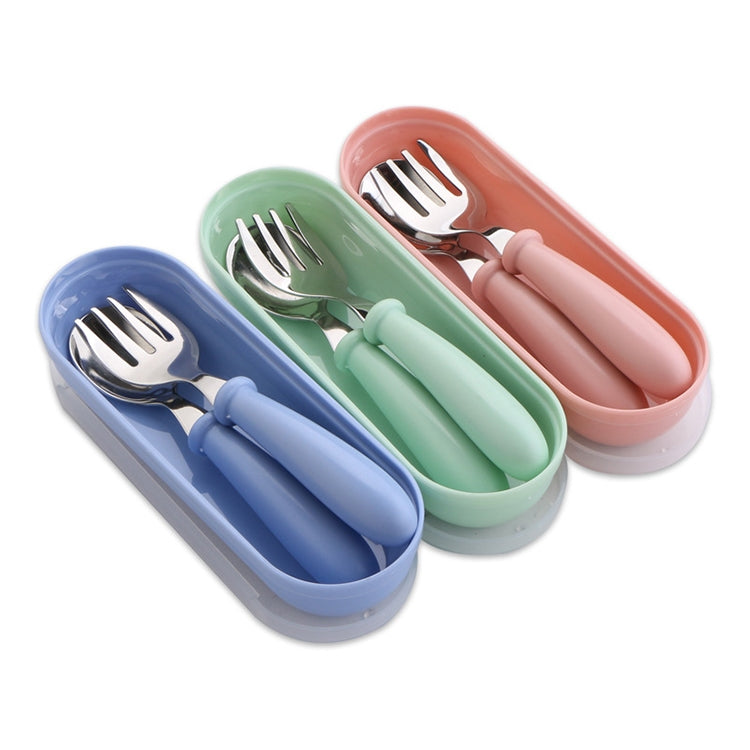 3-piece baby spoon and fork set with pink, green, blue cases
