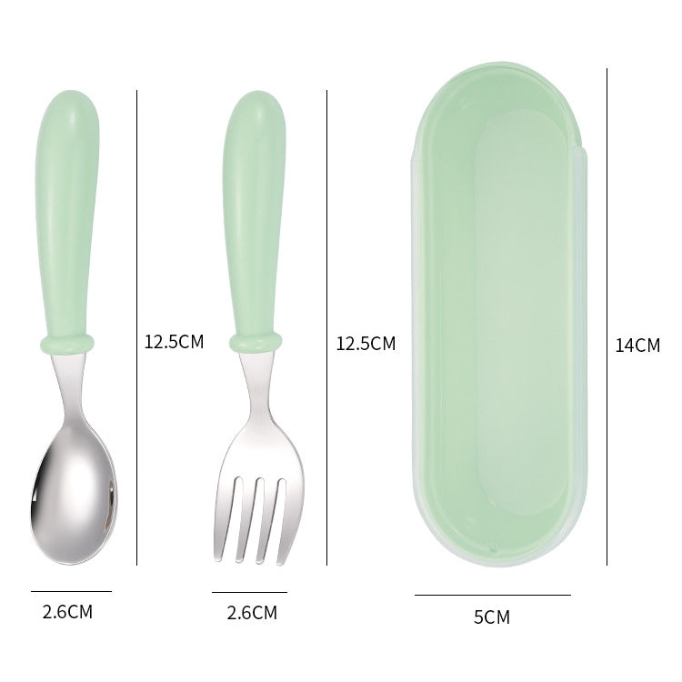 Mint green baby spoon and fork set with translucent protective case