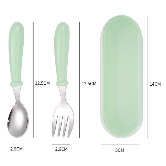 Mint green baby spoon and fork set with translucent protective case