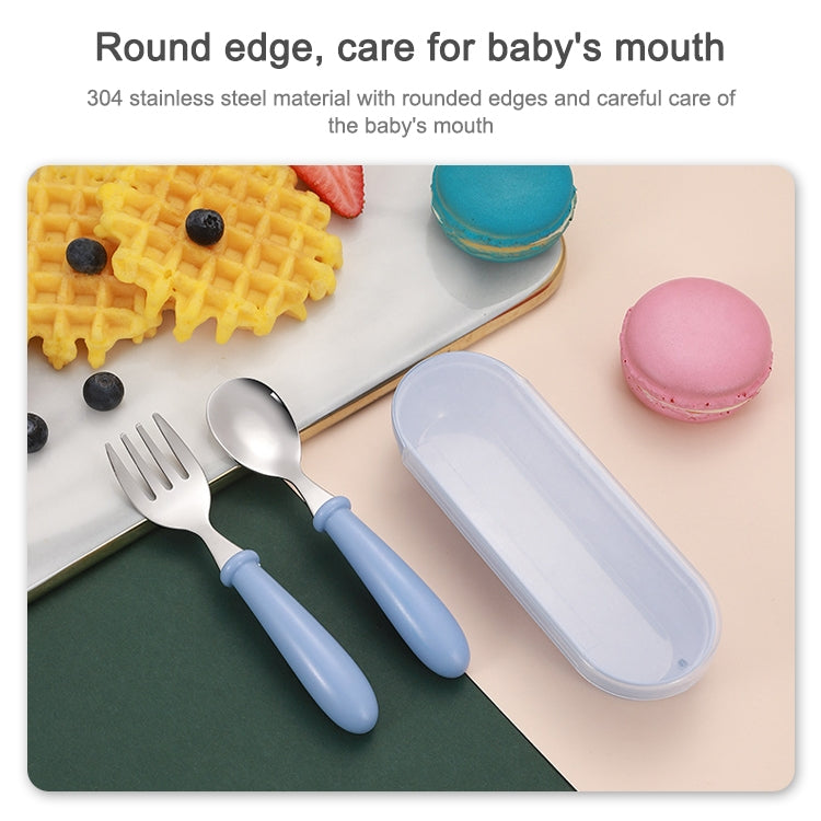 Stainless steel baby spoon and fork with rounded edges plus carry case