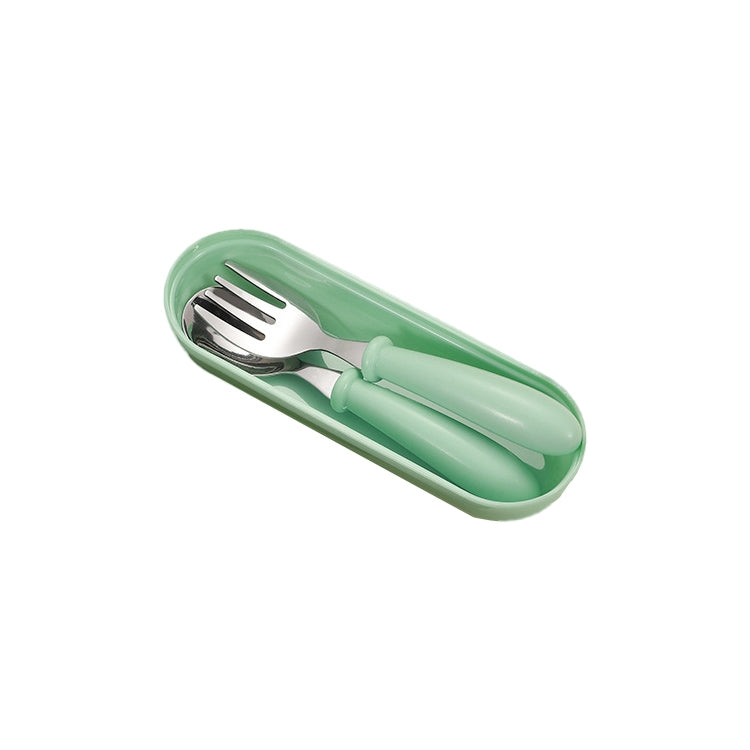Green baby spoon and fork set in matching case