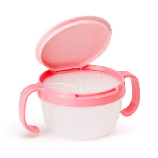 Pink baby snack cup with double handles and open anti-sprinkle lid